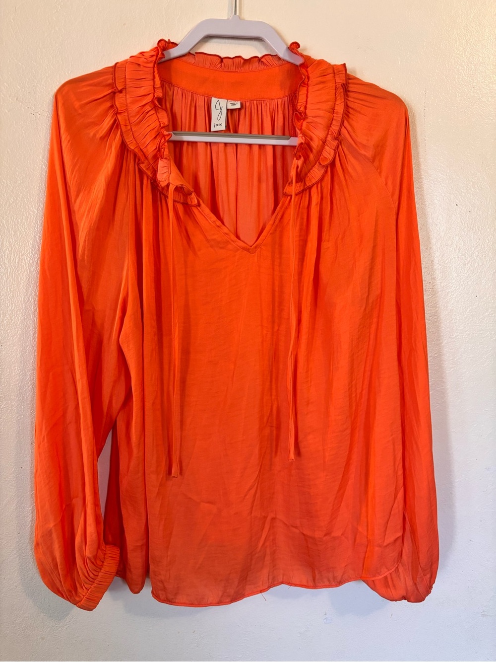 Joie Bright Orange Ruffle-Trim Tie-Neck Blouse
